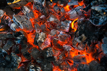 Burning wood coals in the grill. Barbecue in nature, cooking on the fire