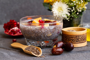 Chia seed pudding with fruit, healthy Breakfast.