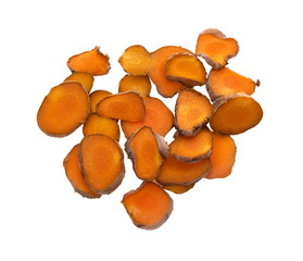 Turmeric slice top view isolated on white background.