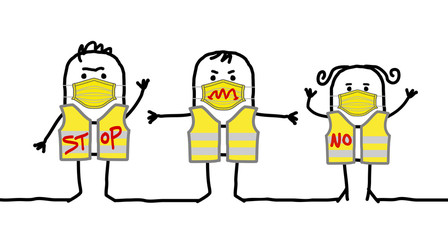Cartoon protesting people with yellow jackets and protection masks