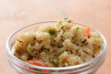 Cooked quinoa in glass bowl
