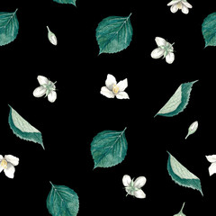 Seamless black background of buds, jasmine flowers and leaves. Watercolor by hand. Suitable for paper, fabric and postcards.
