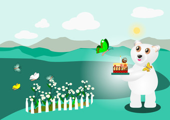 The drawing picture of the adorable white bear, holding a Birthday cake decorating with the light candle on top to celebrate the special day anniversary, for background, illustration.