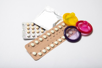 Contraceptives on a white background. Safe sex