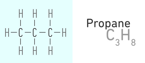 Propane (C3H8) fuel molecule.Stick model. Structural Chemical Formula. Chemistry Education