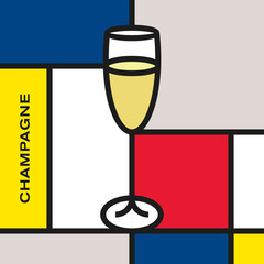 Champagne glass with champagne. Modern style art with rectangular shapes. Piet Mondrian style pattern.