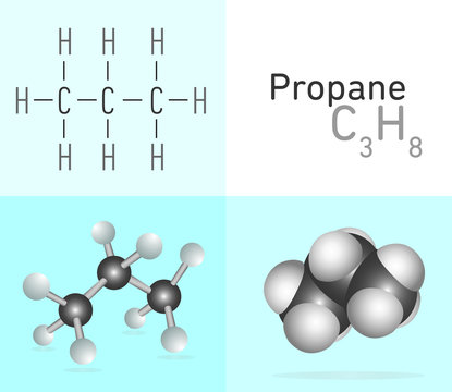 Propane (C3H8) fuel molecule. Two 
different molecule model and chemical formula. Ball, stick and Space filling model. Structural Chemical Formula and Molecule Model. Chemistry Education