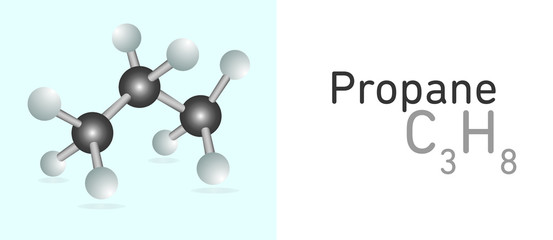 Propane (C3H8) fuel molecule. Stick model. Structural Chemical Formula and Molecule Model. Chemistry Education