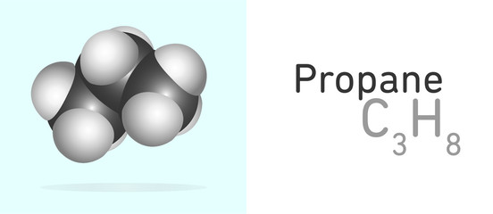 Propane (C3H8) fuel molecule. Space filling model. Structural Chemical Formula and Molecule Model. Chemistry Education