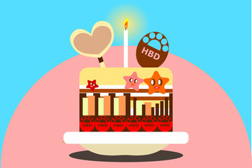 The drawing Birthday cake decorating with the light candle, a sugar cookies in heart  shaped and a  chocolate on top to celebrate the special day anniversary for background. illustration.
