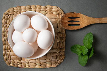 white egg bowl seen from above.