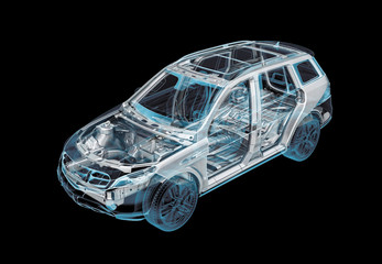 Technical 3d illustration of SUV car with x-ray effect and chassis system.