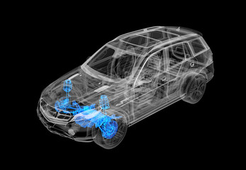 Technical 3d illustration of SUV car with x-ray effect. Front brakes and suspension systems.