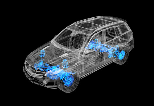 Technical 3d illustration of SUV car with x-ray effect. brakes and suspension systems.