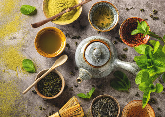 various types of green tea, healthy drink, tea ceremony, top view