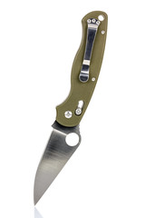 Folding pocket knife with open matte blade and textured dark green composite plastic cover plates on steel handle isolated on white background. Pocket knife close-up image