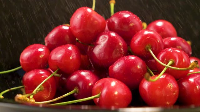 Ripe bright red cherries are watered from a spray bottle. The footage was shot in slow motion on a black background