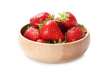 Ripe strawberries in wooden bowl isolated on white
