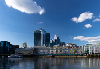 A view of a central London financial district with modern architecture on a bright sunny day, United Kingdom.