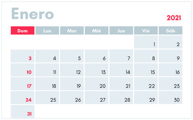Enero 2021. Calendario en espanol (January 2021 calendar in spanish) vector illustration for prints, templates and banners.