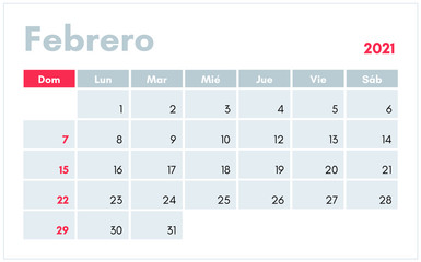 Febrero 2021. Calendario en espanol (February 2021 calendar in spanish) vector illustration for prints, templates and banners.