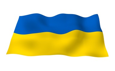 The flag of Ukraine on a white background. National flag and state ensign. Blue and yellow bicolour. 3D illustration waving flag