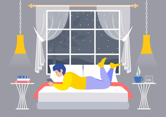 Ideas for activity on self-isolation and quarantine. The woman in the room on the bed is looking at the tablet. Things you can do at home. Vector flat. Work and study online. Ways to relax at home.