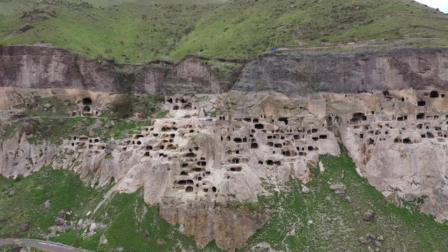 Vardzia is a cave monastery site in southern Georgia. Cave city Vardzia Aerial view.