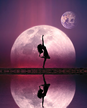 girl dancing edge of lake silhouette on moon and earth planet background reflection pink blue sky fantasy