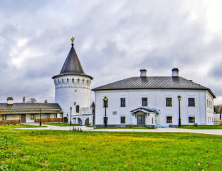 Fototapeta na wymiar The monastic corps and the northern round tower. The ensemble of the Kremlin. Tobolsk. Tyumen region. Russia