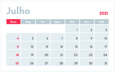 Calendario de Julho de 2021. Para o Brasil e Portugal. Ilustracao em vetor (Calendar, July 2021. Version to Brazil and Portugal. Vector illustration in portuguese).