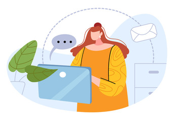 Girl in a yellow dress holds a tablet.Hipster girl sitting in social networks. Business woman has conversation.Social media networks users. Flat cartoon vector illustration.