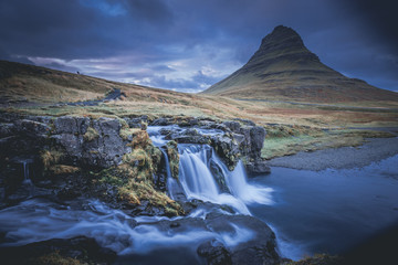 Panorama sunset at the Kirkjufell in Iceland
