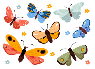 Set of colorful butterflies. Summer mood.Cartoon insects collection with colorful flying butterflies .Illustration for children's book.Perfect for greetings, cards, posters, congratulations  or store.