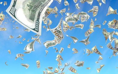 Obraz premium Flying dollars banknotes against the sky background. Money is flying in the air. 100 US banknotes new sample. 3D illustration