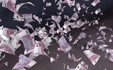 Flying euro banknotes on a outer space starry background. Money flying in the outer space. 500 EURO in color. 3D illustration