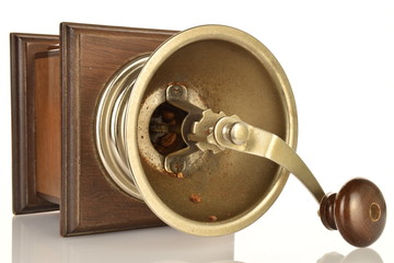Manual coffee grinder made of wood on a white background.