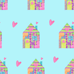 Colorful houses seamless pattern in childish style. Print for kids fashion, apparel, wallpaper, wrapping, textile