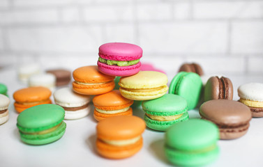 Confectionery French almond flour pasta dessert. Bright colorful dessert.