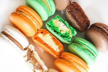 Confectionery French almond flour pasta dessert. Bright colorful dessert.