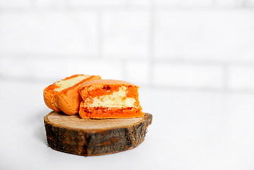 Confectionery French almond flour pasta dessert. Bright colorful dessert.