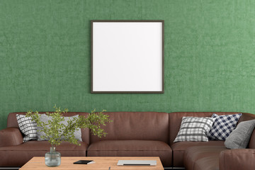 Blank square poster frame on green concrete wall in interior of living room with clipping path around poster. 3d illustration