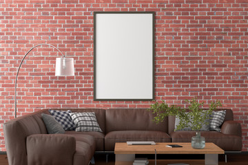 Blank vertical poster frame on red brick wall in interior of living room with clipping path around poster. 3d illustration