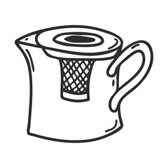Kettle for making tea in Doodle style. Kitchen appliance for making tea.Decorative element for menu design, recipes, and food packaging.Hand-drawn and isolated on a white background.Black-white vector