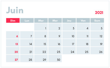 Calendrier de Juin 2021 (June 2021 calendar in french) vector illustration for prints, templates and banners.