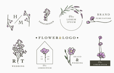 flower logo collection with leaves,geometric,circle,square frame.Vector illustration for icon,logo,sticker,printable and tattoo