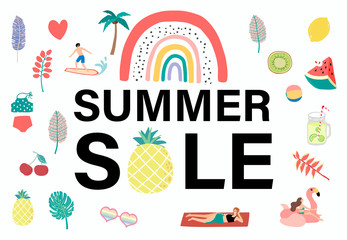 Collection of summer background set with people,watermelon,beach,coconut tree.Editable vector illustration for invitation,postcard and website banner.Summer sale