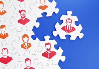 HR Management. Composed together hexagonal pieces of a jigsaw puzzle with pictured pictograms of staff persons and one of them is outside of a group. 3D-rendering graphics on the theme of Business Man