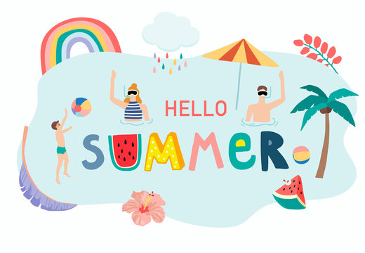 Collection of summer background set with people,watermelon,beach,coconut tree.Editable vector illustration for invitation,postcard and website banner.Hello summer
