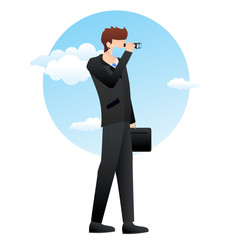 A businessman in protective face mask with binoculars for searching opportunity to the goal success achievement. Vector of leadership concept